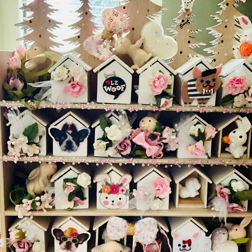 21 drawer Spring boxes adorned with bunnies and dogs.